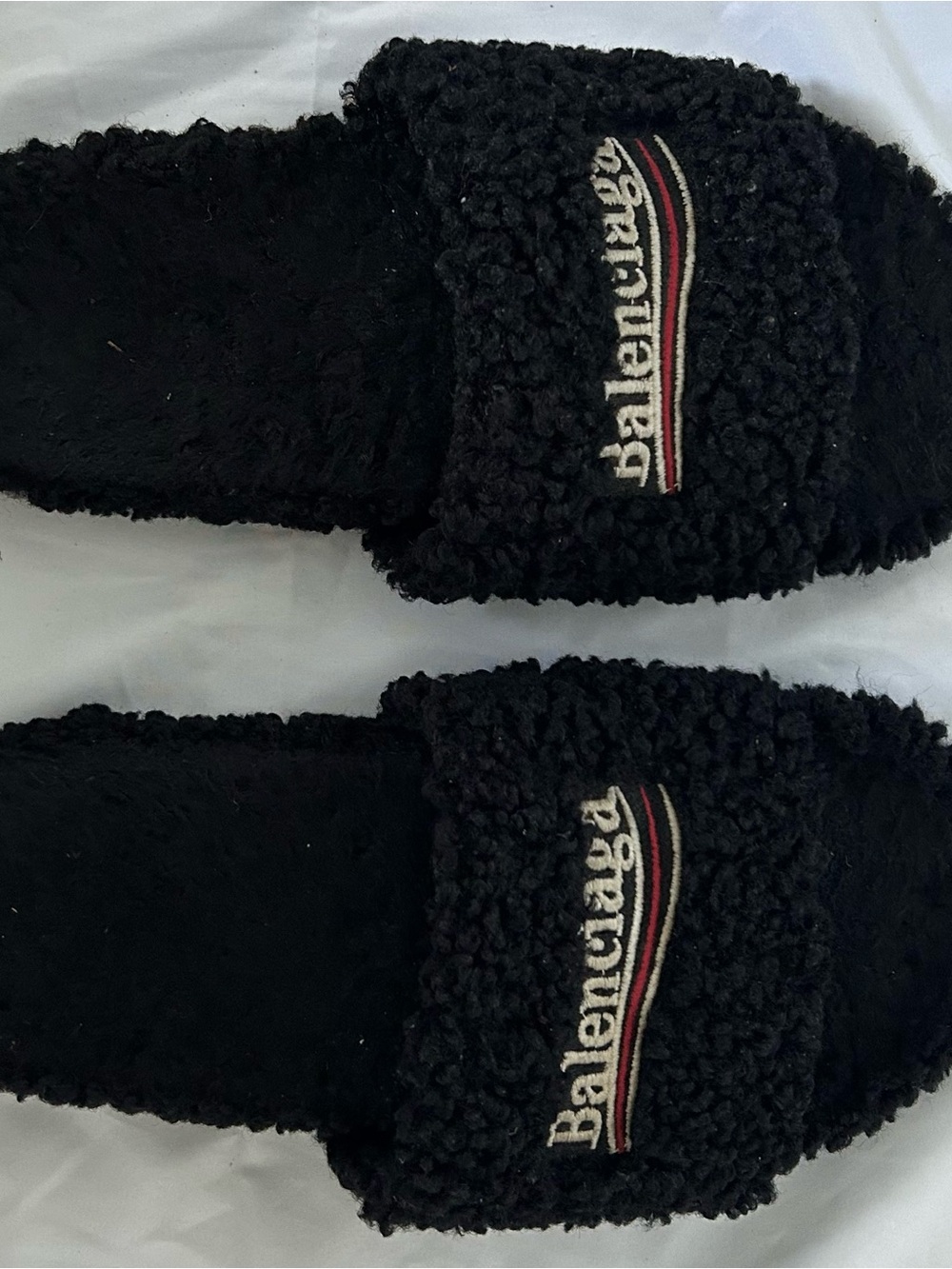 Balenciaga Black Fur Open Mule Slides with Red and White Stripe Logo